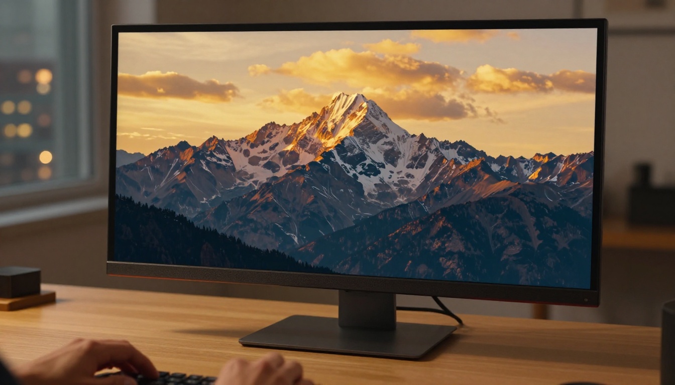 Monitor displaying photorealistic AI-generated mountain landscape at golden hour with realistic cloud formations