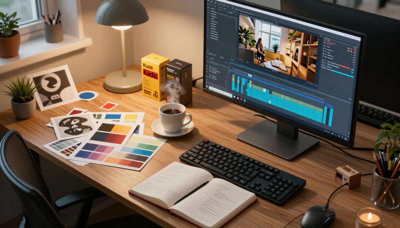 Overhead workspace view showing creative production workflow for ecommerce ads