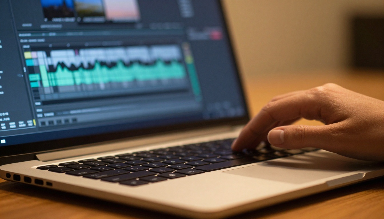 Close-up of female hands typing on a laptop keyboard with a colorful video editing timeline blurred in the background