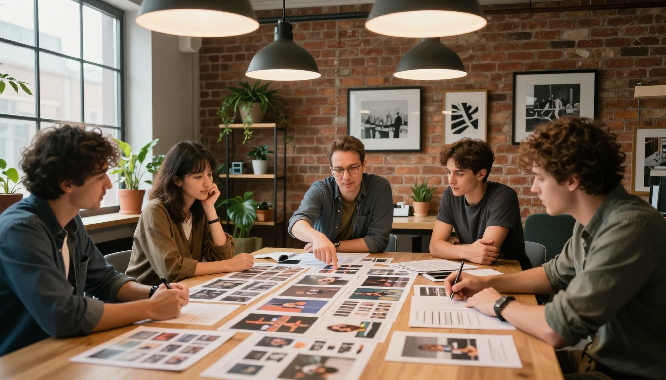 Creative agency team gathered around conference table reviewing printed AI-generated visual samples in warm industrial office light
