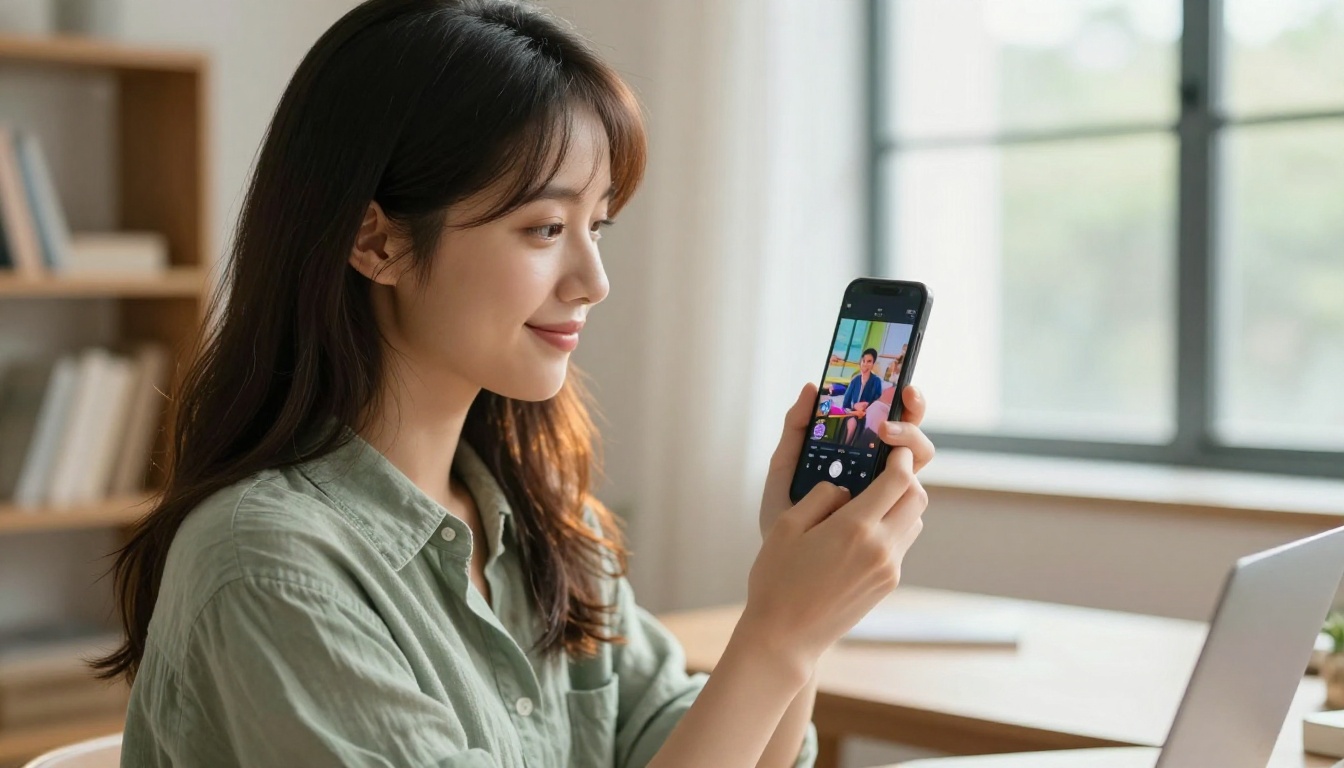 Young woman in a bright home office holding a smartphone displaying a vibrant short-form video preview