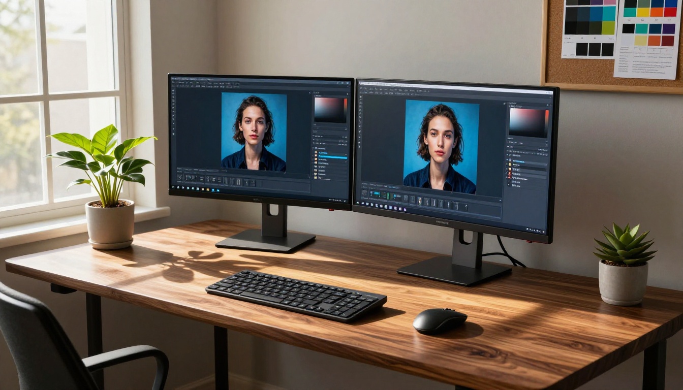 Sleek dual monitor workstation with AI image generation interface showing photorealistic portrait, walnut desk, warm afternoon sunlight