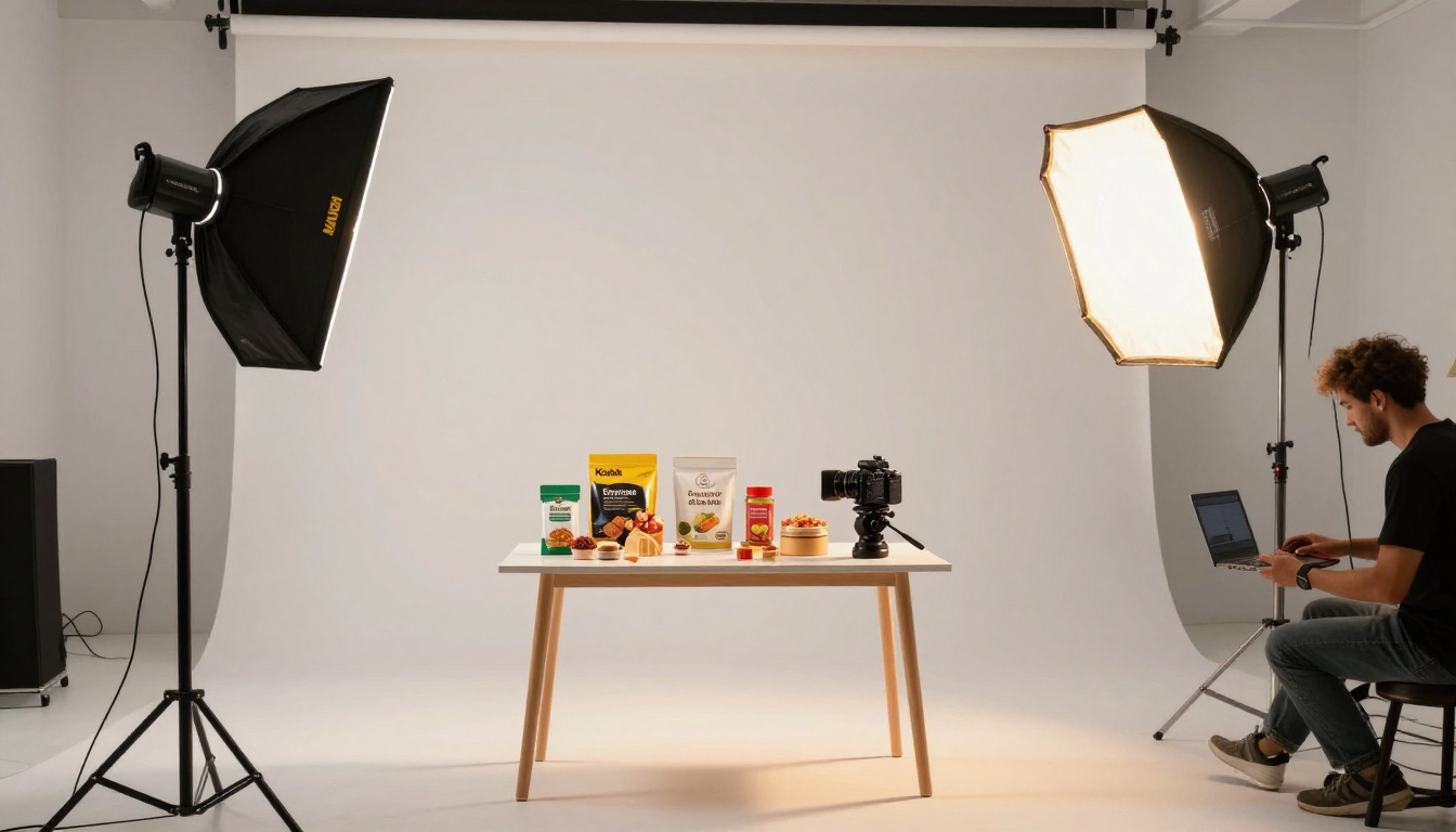 Professional ecommerce studio setup with softbox lighting and product photography equipment