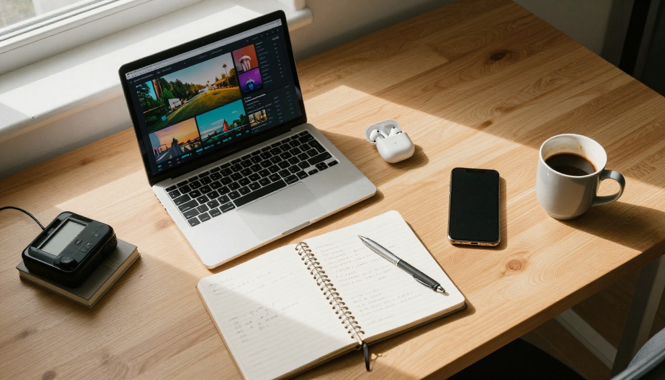 Aerial overhead view of a creative workspace with laptop, notebook, coffee cup, and wireless earbuds on a light oak desk