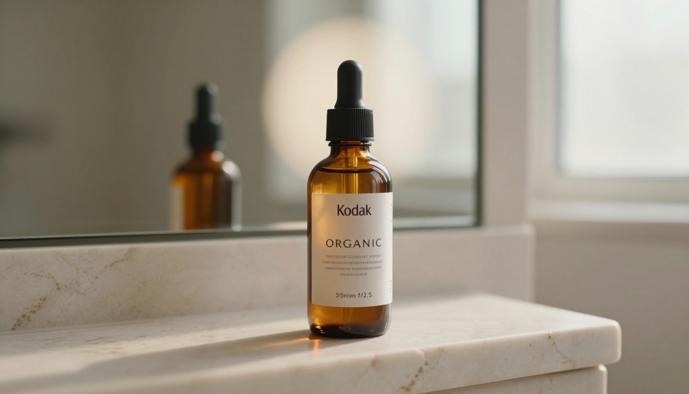 Premium skincare serum bottle on marble shelf with morning light and mirror reflection