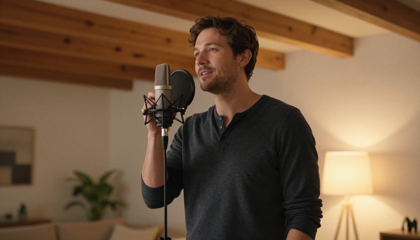 Low-angle shot of a man standing in a modern apartment recording a voiceover with a professional condenser microphone