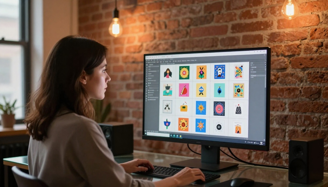 Medium shot of a woman seated at a glass desk looking at a large monitor displaying colorful thumbnail design options