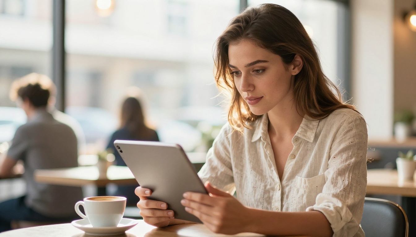 Young woman browsing product video ads on tablet in bright cafe environment