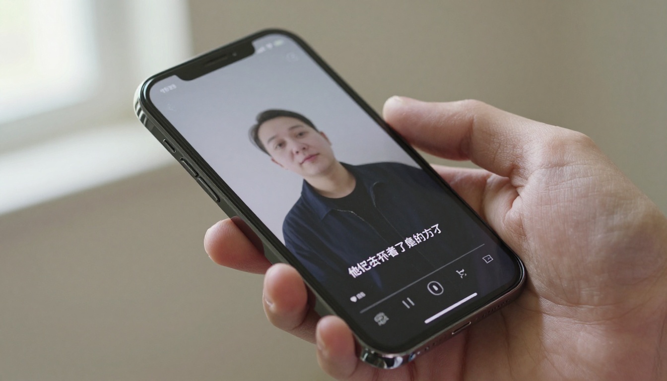 Close-up of a smartphone screen held in a hand showing a short vertical video with animated caption text