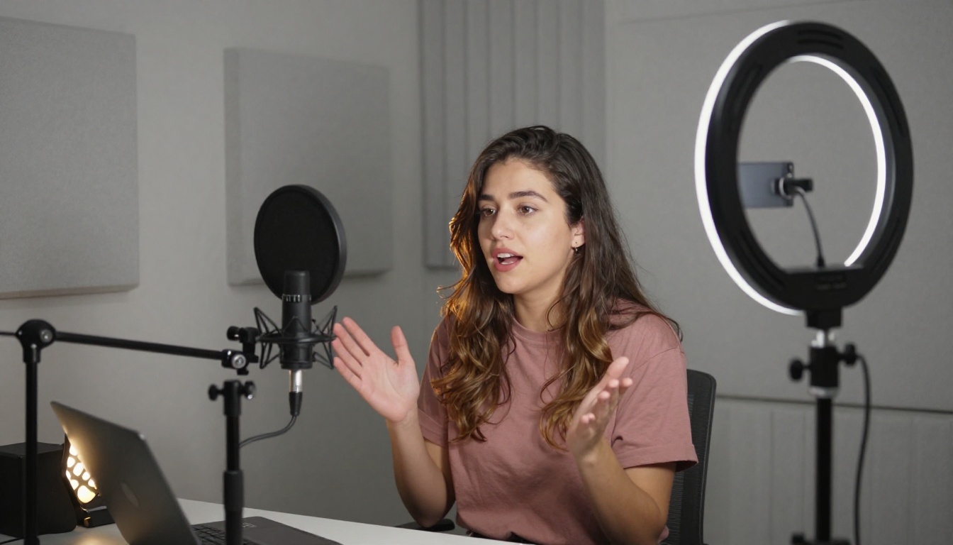 Wide shot of a young woman content creator in a home recording setup with ring light and camera on tripod