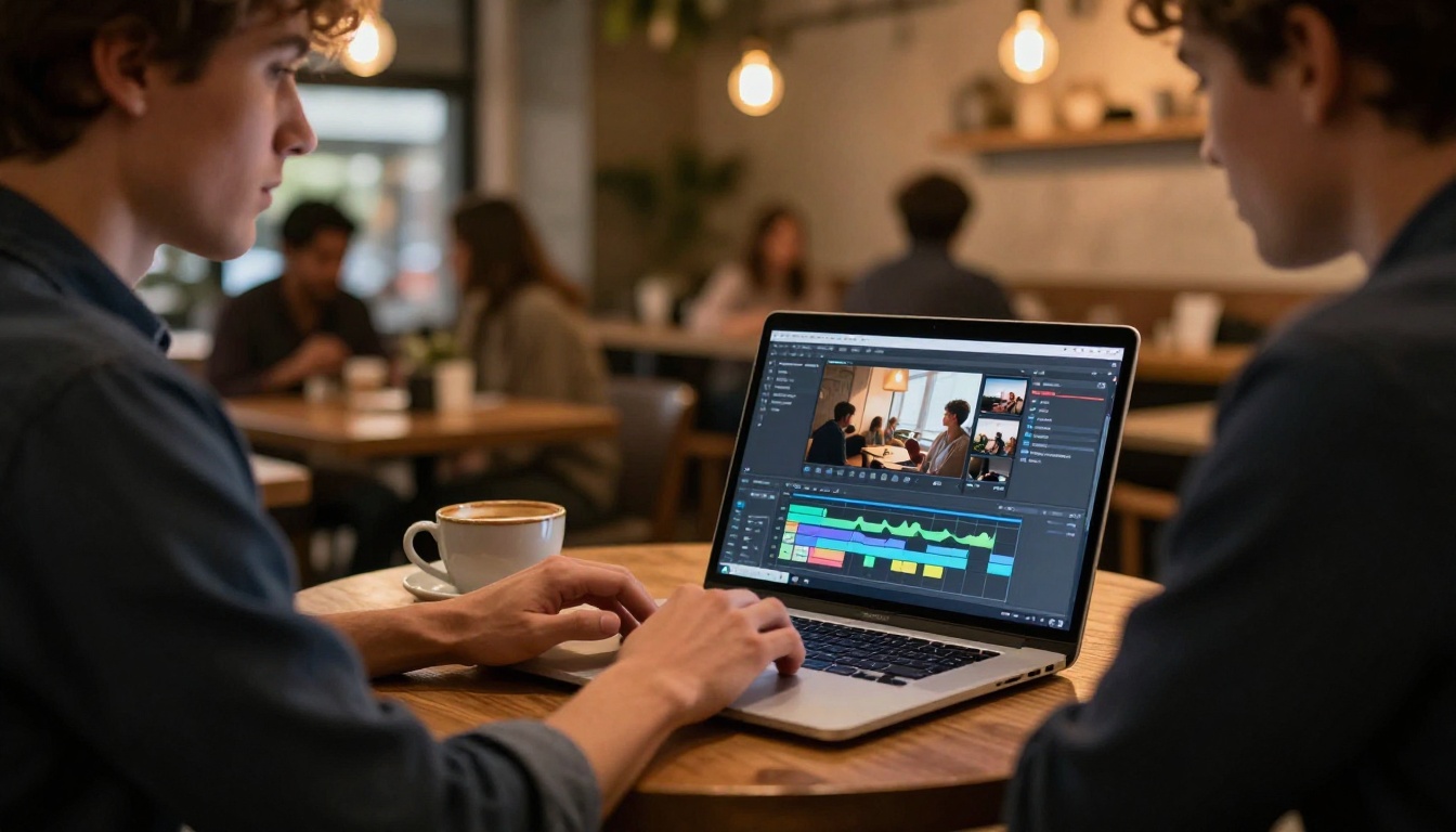 Side profile of a man working on a laptop at a cozy coffee shop, editing AI video content on screen