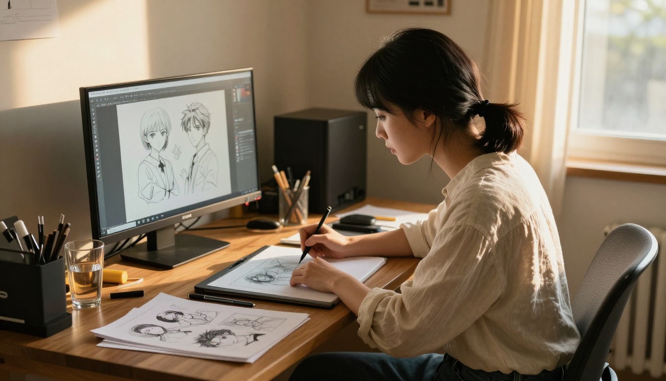 Woman creating anime art at a drawing tablet setup in a sunlit home studio