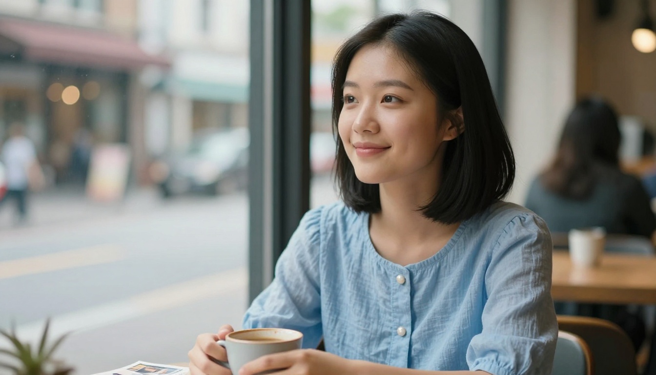 Portrait of young woman at cafe window with manga volume