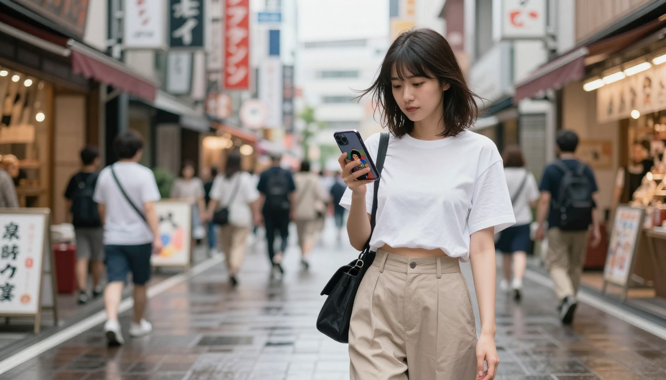 Woman on lively Tokyo shopping street holding smartphone showing AI-generated art