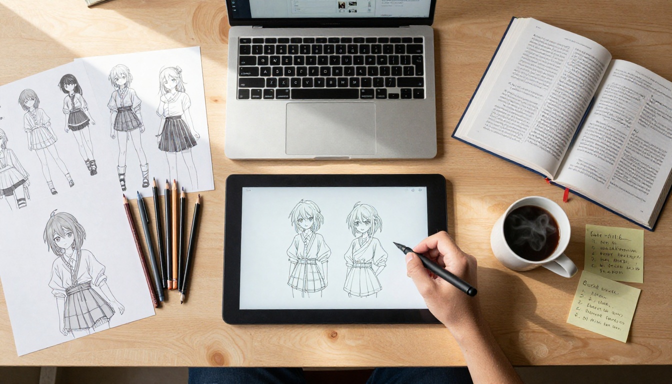Aerial flat lay of creative workspace with drawing tablet, anime character sketches, and coffee