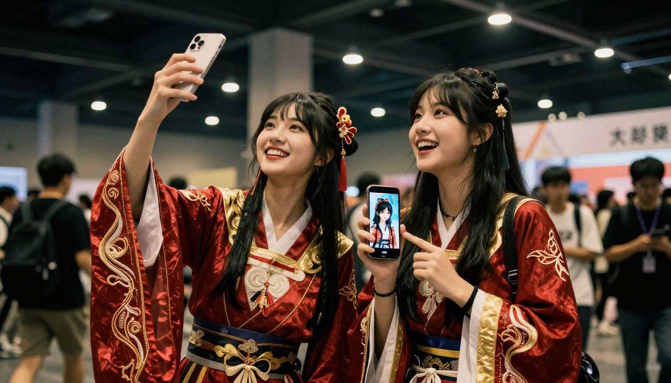 Two young women at a convention hall, one in elaborate cosplay costume, laughing together