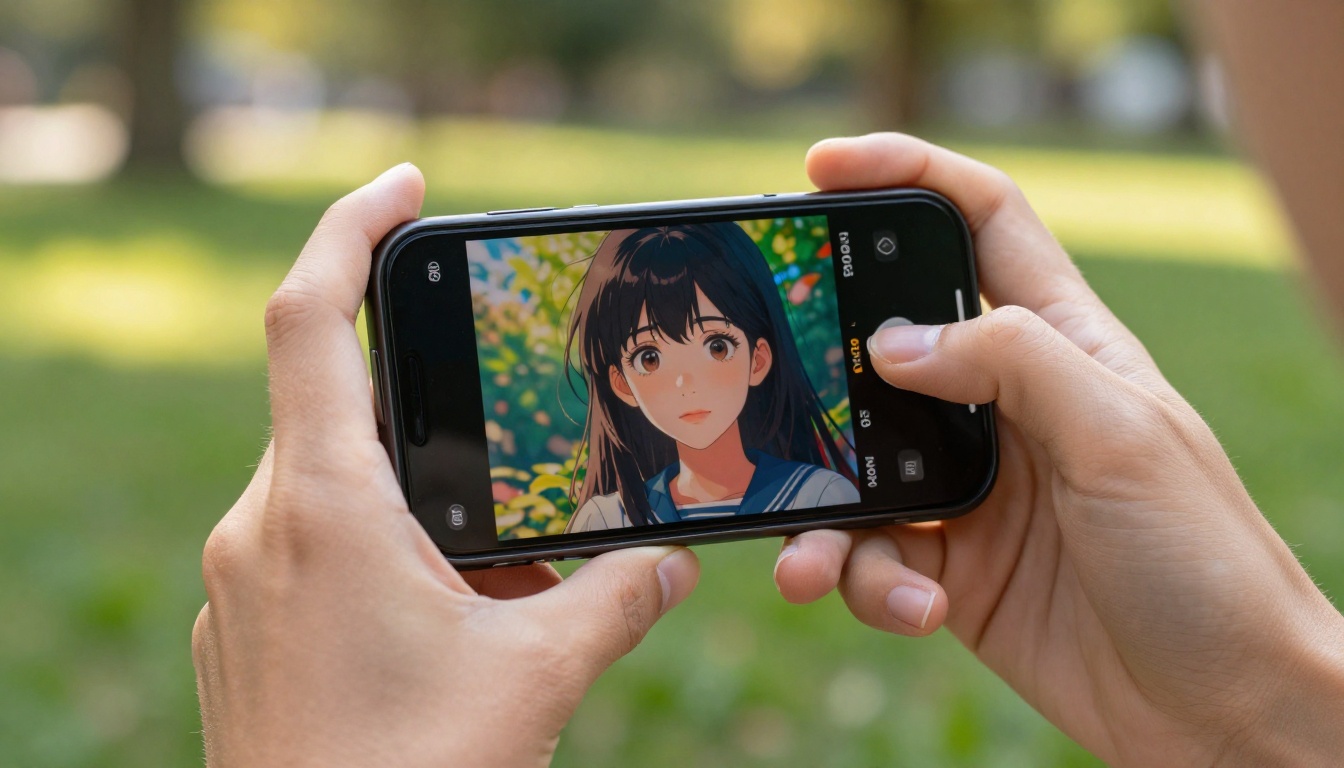 Close-up macro shot of hands holding a smartphone displaying colorful AI-generated art
