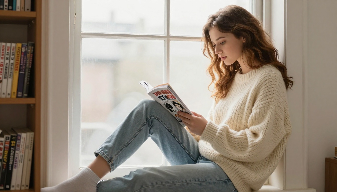 Woman with chestnut hair reading manga on a window ledge in a sweater