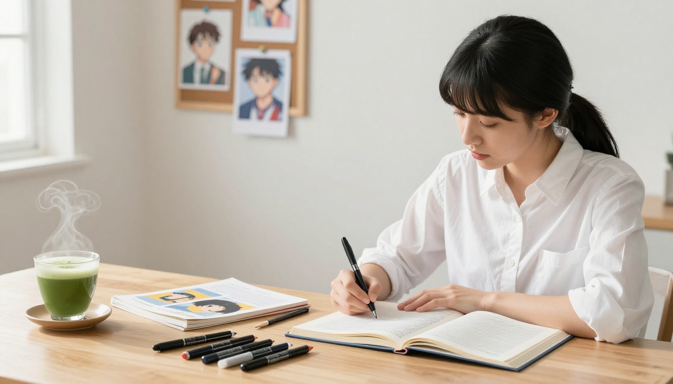 Creative workspace with drawing tablet, art books, fine-liner pens, and matcha tea