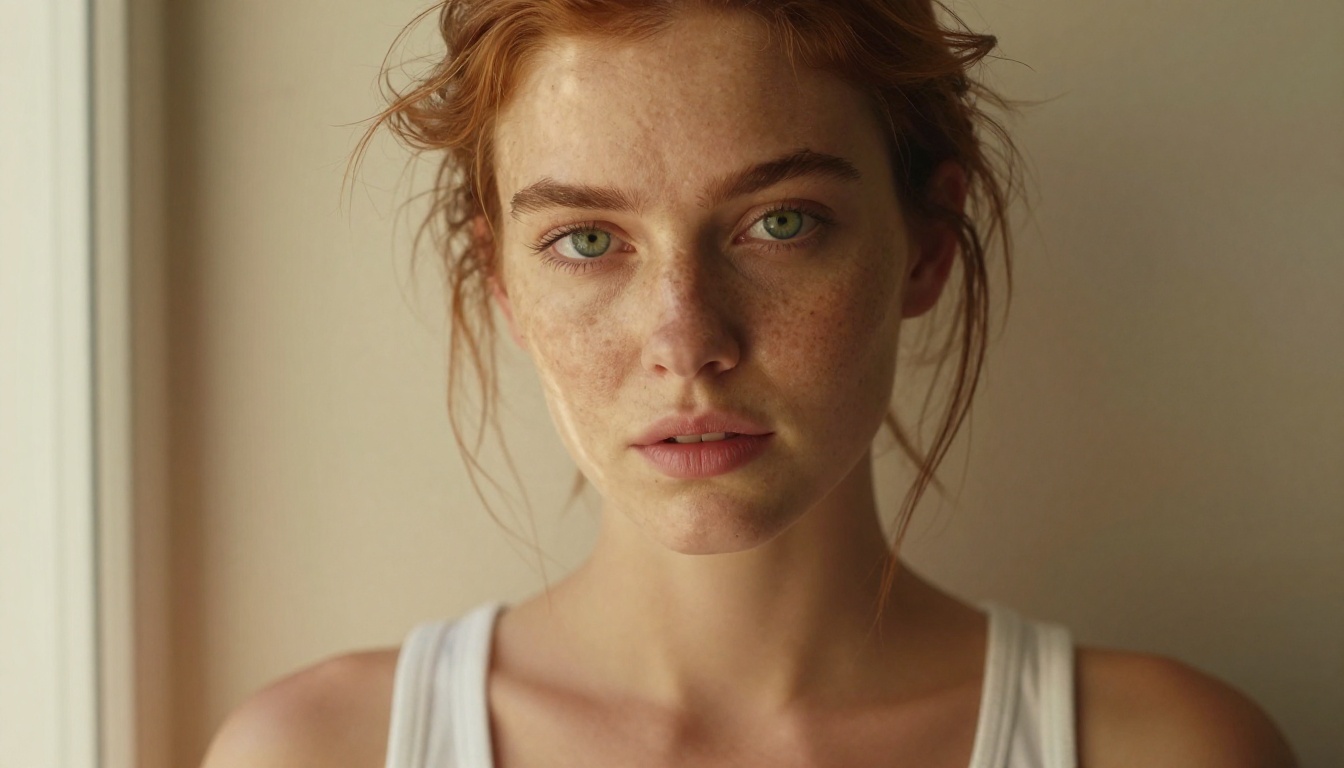 Close-up portrait with natural freckled skin and green eyes in warm light