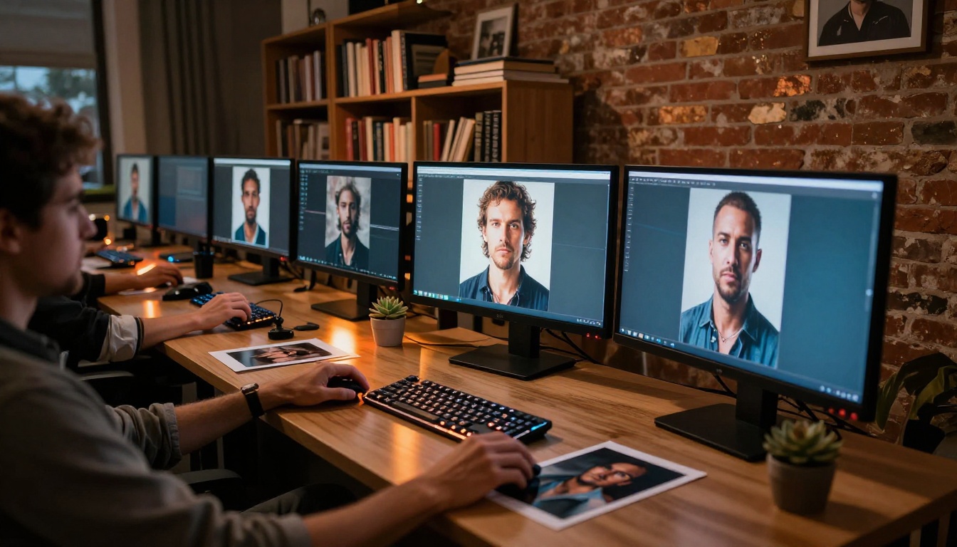 AI creative workspace with multiple portrait images on screen