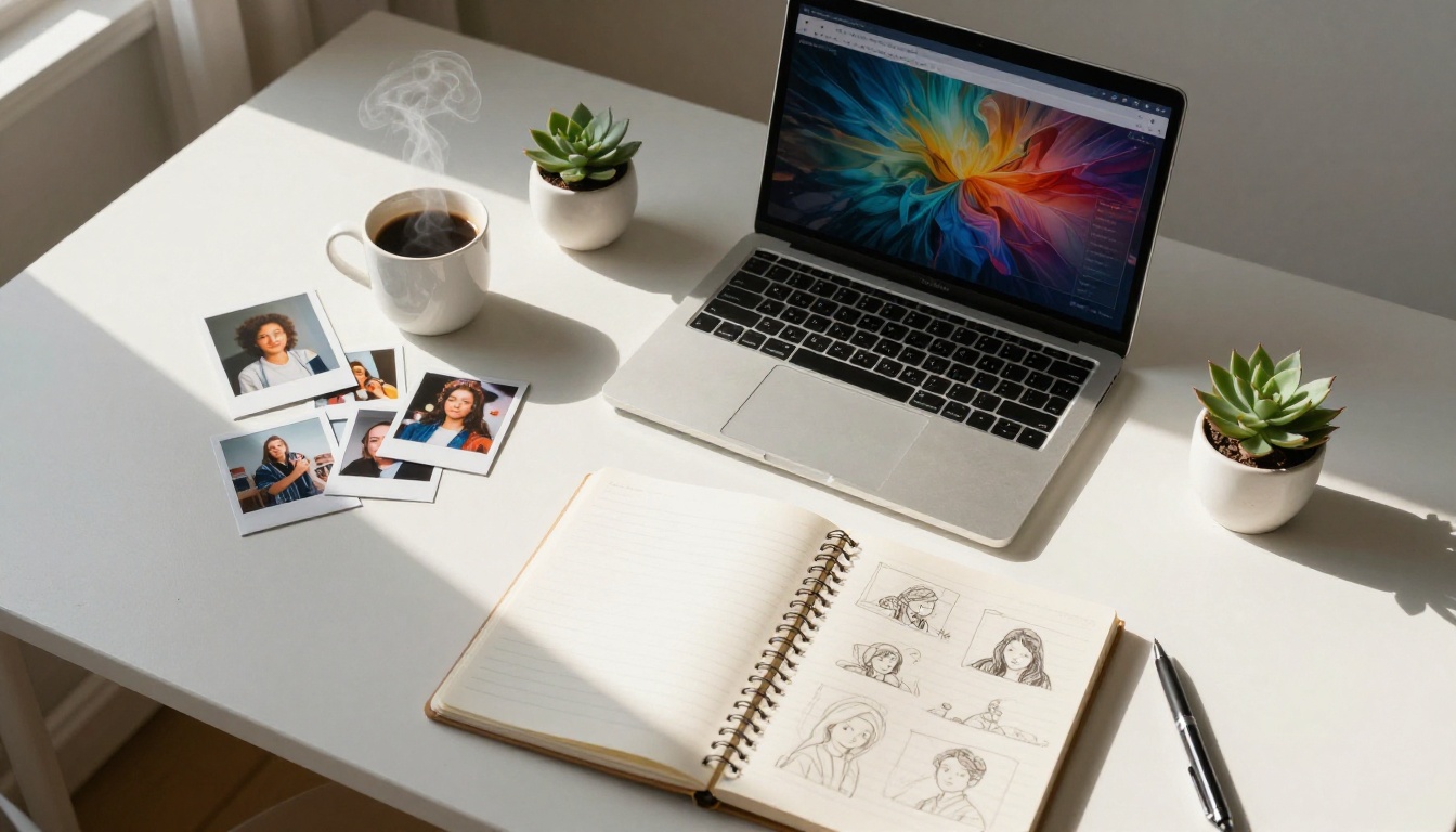 Overhead shot of minimalist desk with AI image interface, polaroids, and coffee