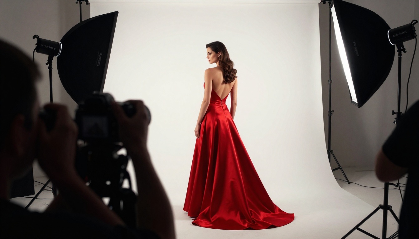 Studio fashion photography setup with model in red satin dress against white backdrop