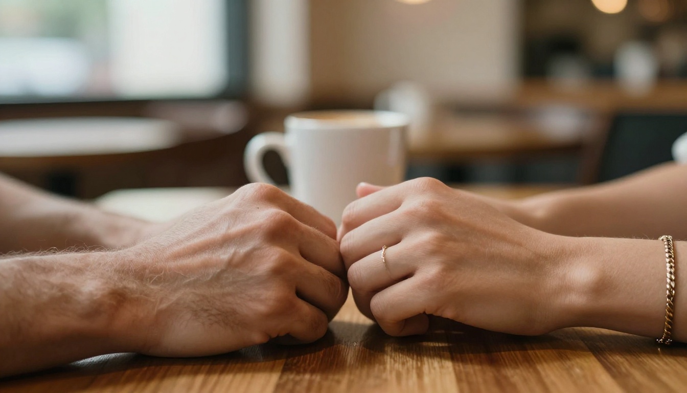 Close-up of two hands almost touching on warm wooden café table with bokeh background