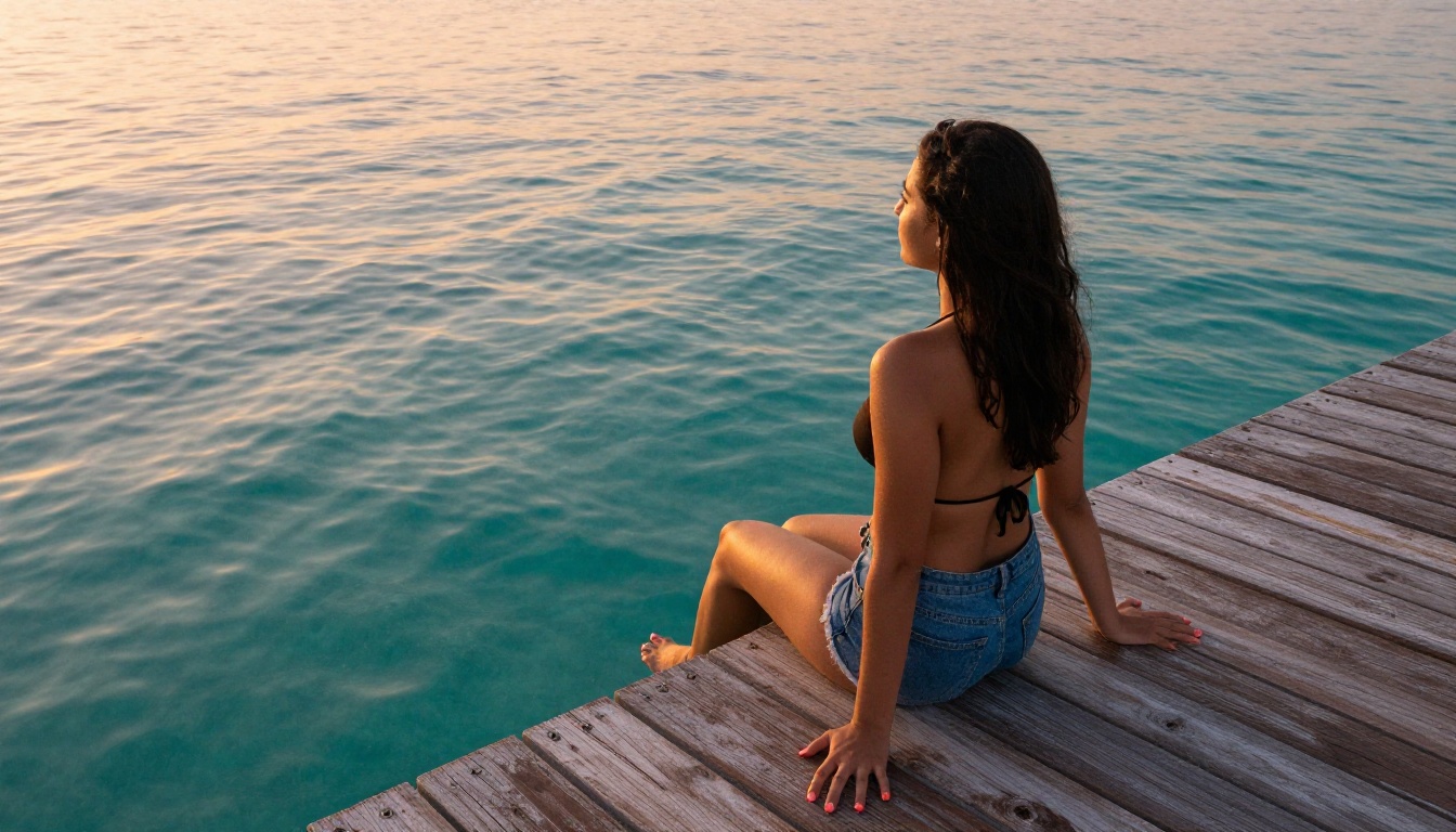 Woman sitting on weathered dock at golden hour over turquoise tropical lagoon
