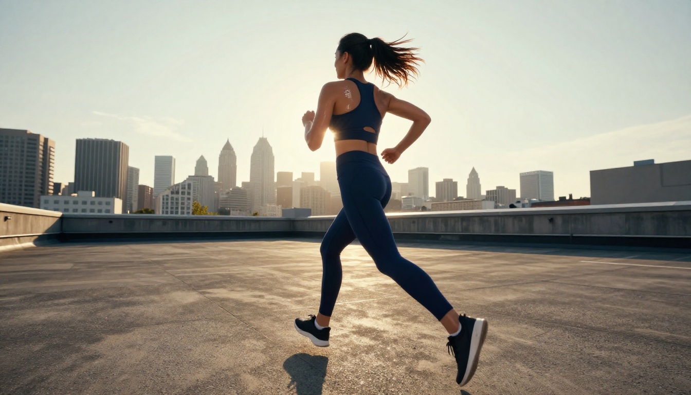 Woman running on urban rooftop at sunrise with city skyline rim-lit behind her