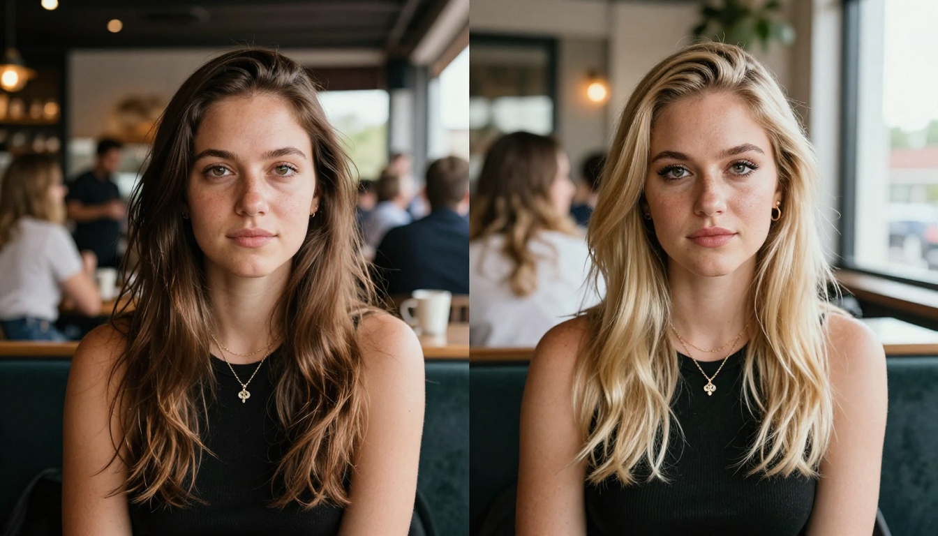 Two portrait photos showing a face transformation result, split composition, natural window light