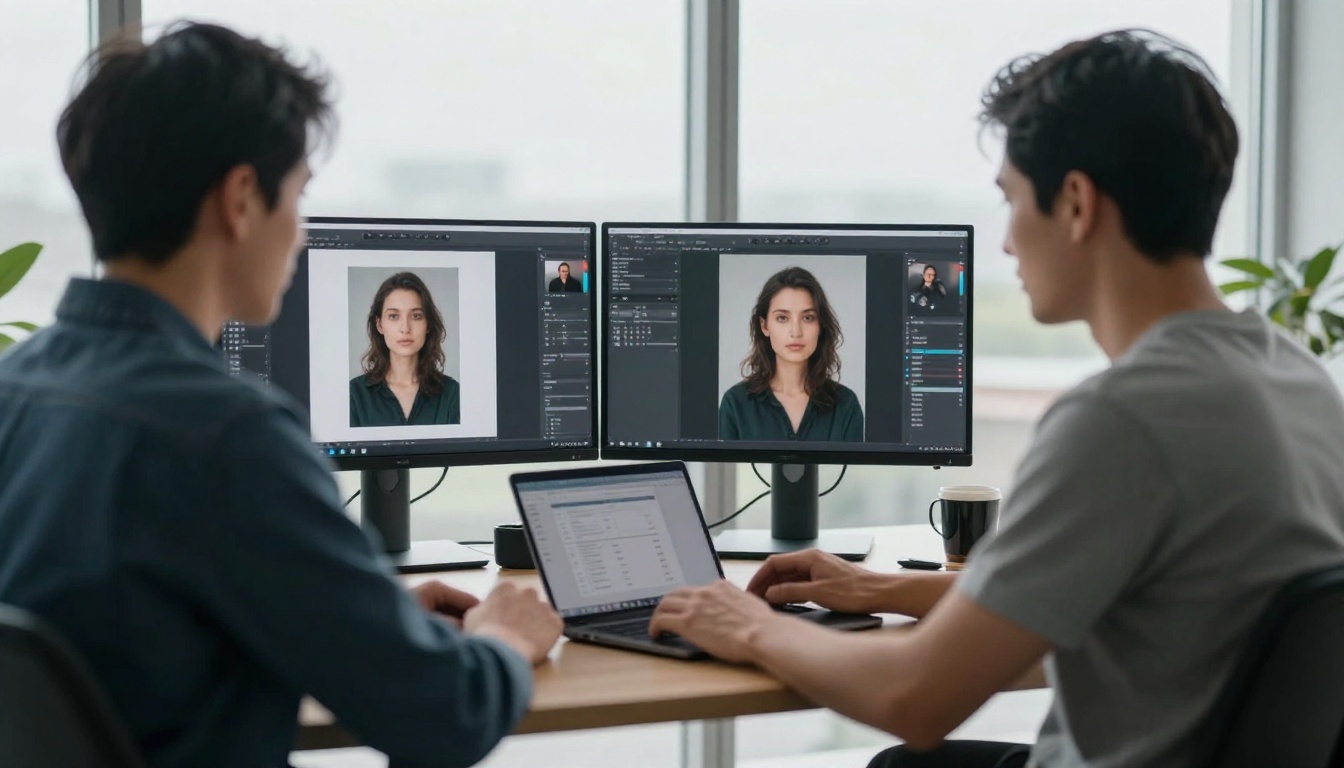 Man editing portrait photos at a desk with dual monitors, soft overcast window light from behind