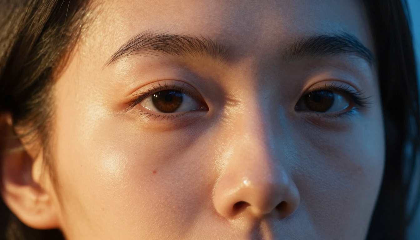 Close-up of a woman's face with chiaroscuro dual-tone lighting, skin texture and pore detail visible