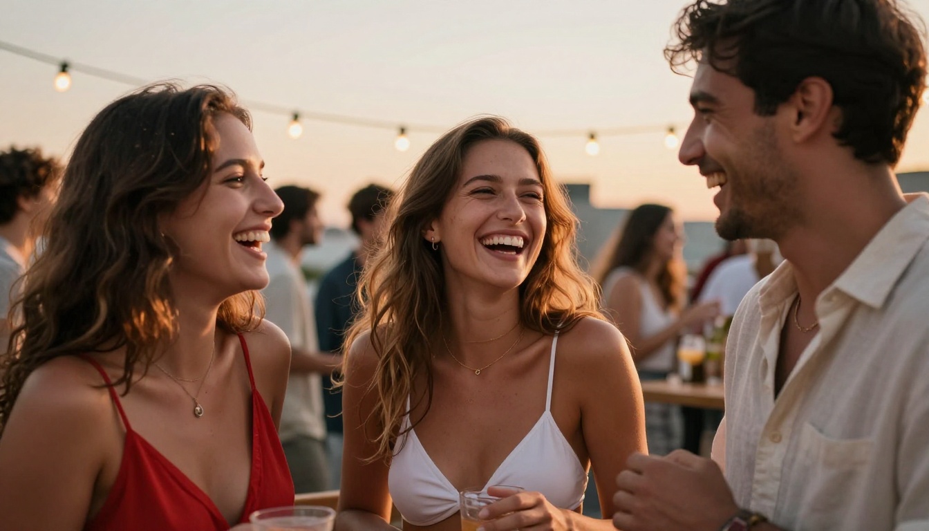 Group of three diverse friends laughing at a rooftop party, golden hour light wrapping their faces, bokeh string lights