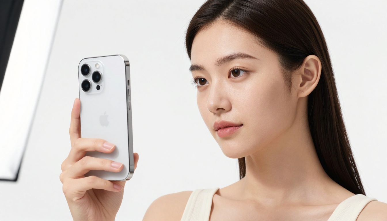 Woman in professional studio holding a smartphone, showing photo editing app, studio softbox lighting
