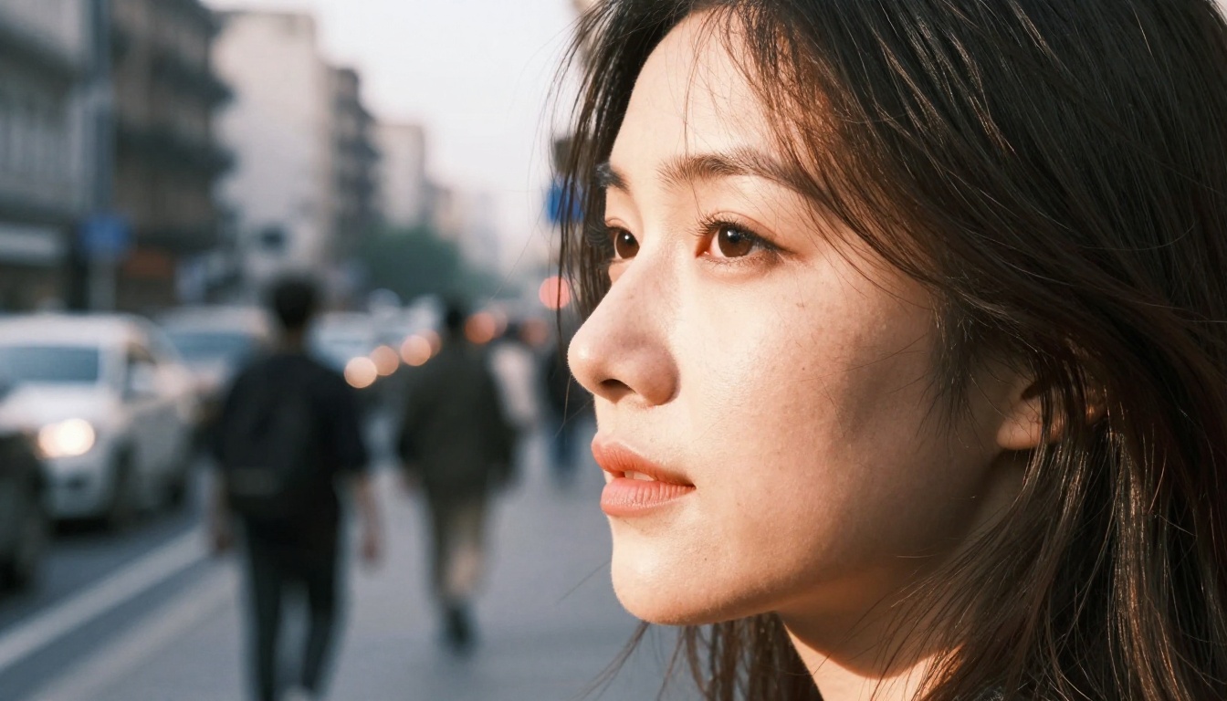 Woman walking on a city street in profile view, bokeh city lights and pedestrians behind her, late afternoon light