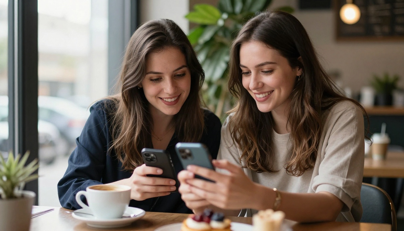 Two women at a trendy cafe table, one showing a phone screen, natural window light, warm interior tones