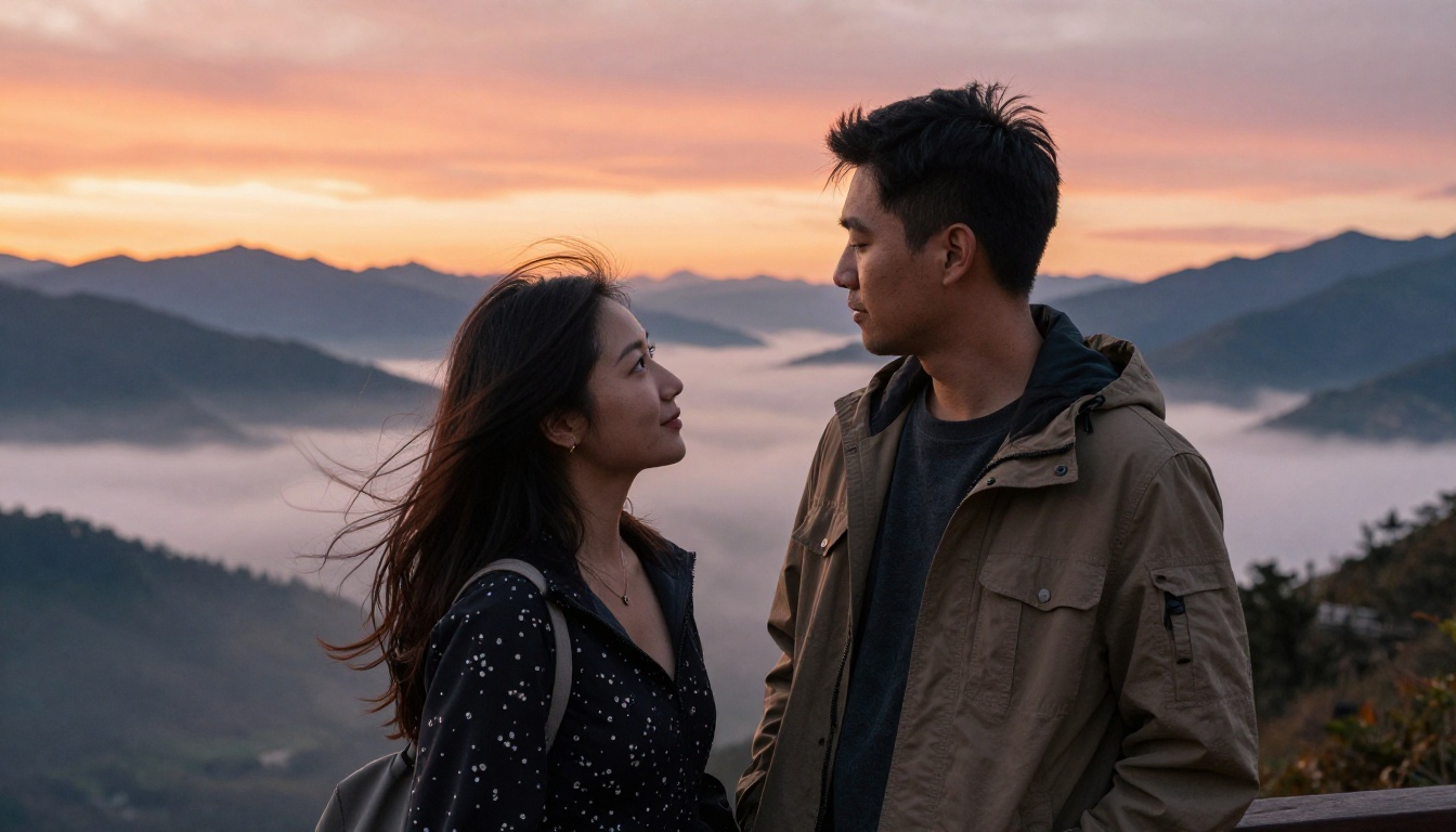 Couple at a mountain overlook during golden hour, dramatic orange sky, mountain valleys behind them