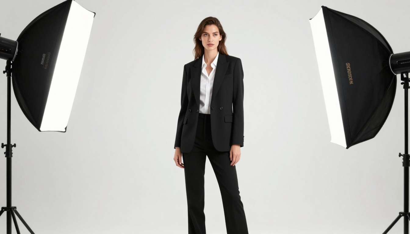 Editorial fashion portrait with butterfly lighting, white studio wall, tailored black blazer Editorial fashion portrait with butterfly lighting, white studio wall, tailored black blazer