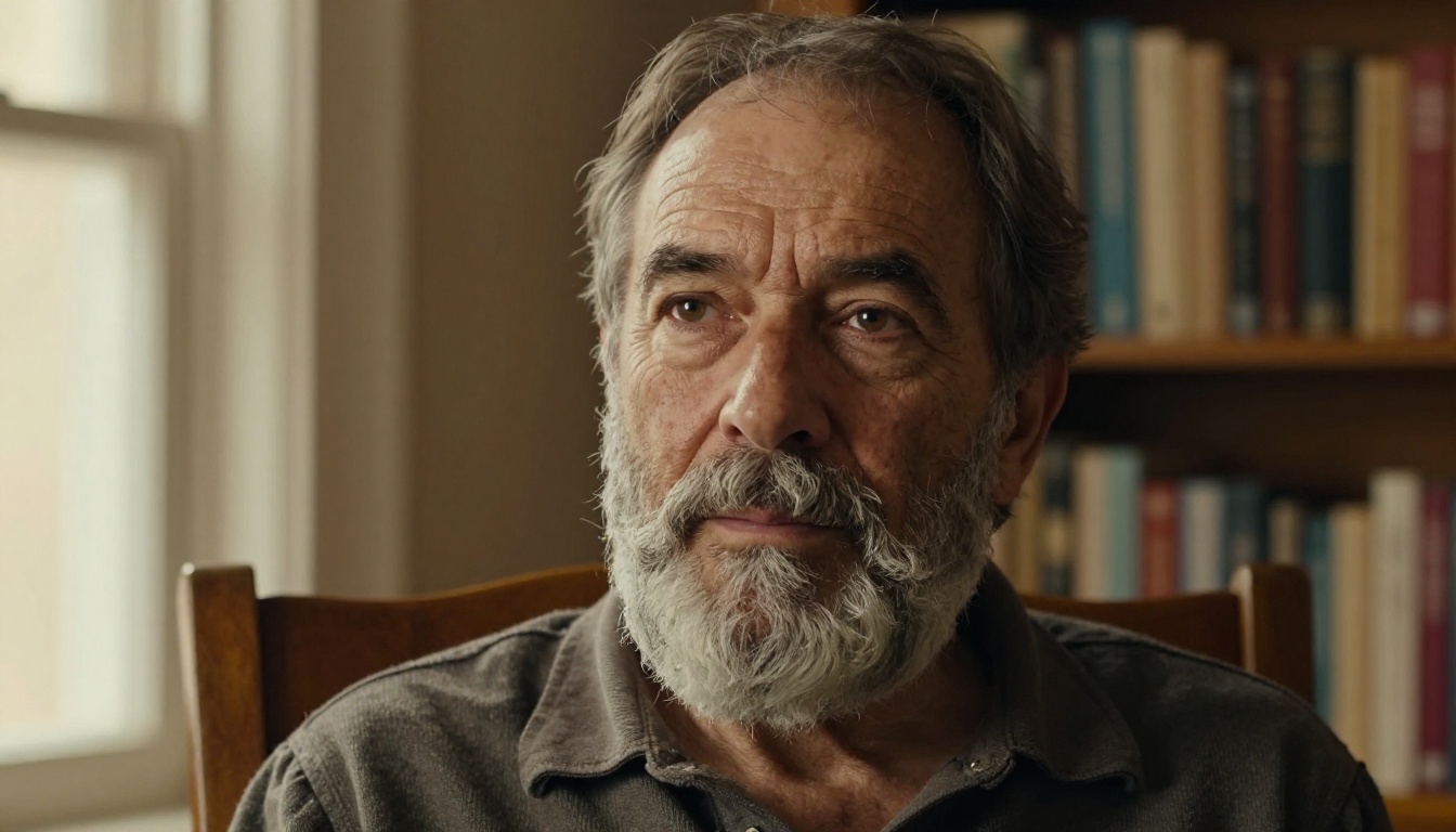 Character portrait of a middle-aged man with silver beard, natural window sidelight, warm home interior Character portrait of a middle-aged man with silver beard, natural window sidelight, warm home interior