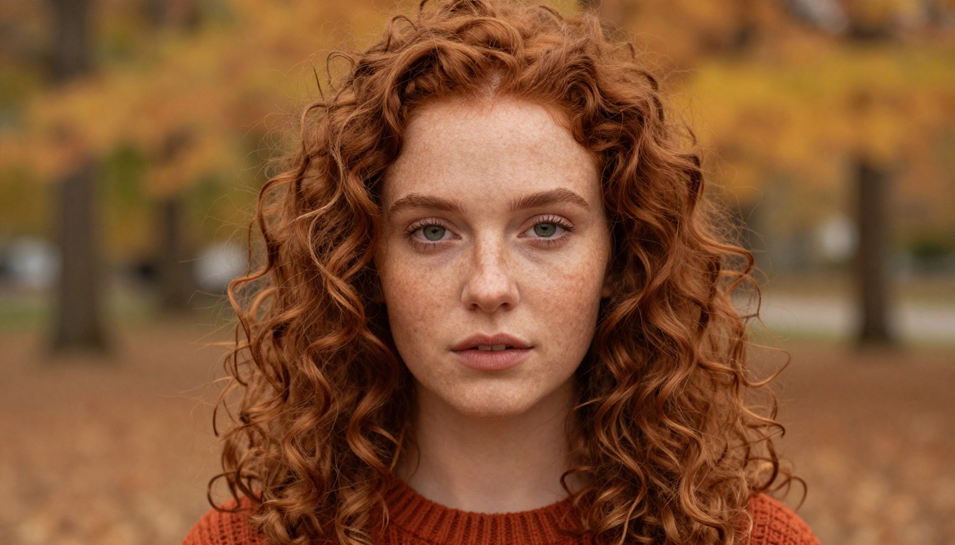 Close-up portrait of woman with freckled skin and green eyes against warm autumn bokeh background Close-up portrait of woman with freckled skin and green eyes against warm autumn bokeh background