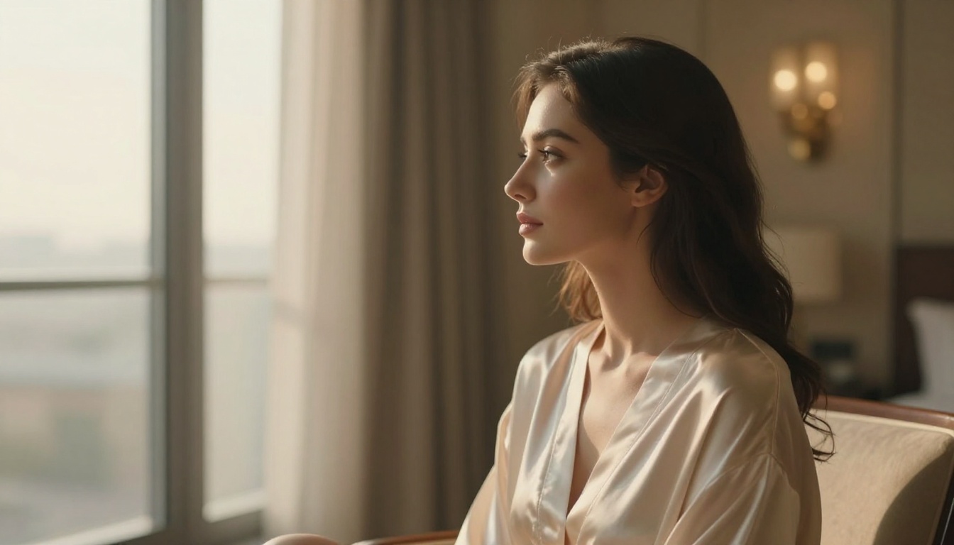 Glamour portrait near a large hotel window, morning volumetric light, silk robe, serene profile view Glamour portrait near a large hotel window, morning volumetric light, silk robe, serene profile view