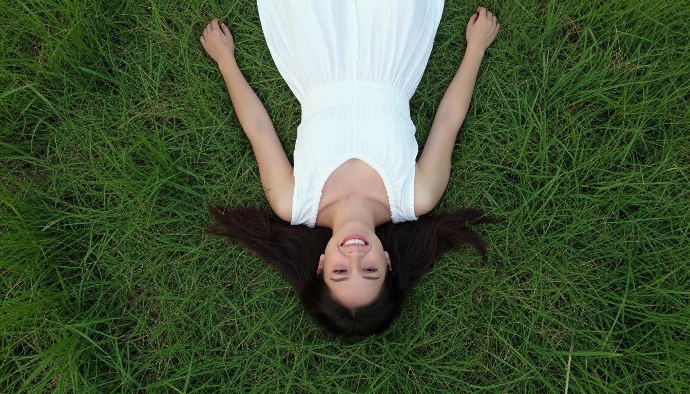 Aerial overhead lifestyle portrait, woman in white summer dress lying on lush green grass, joyful smile Aerial overhead lifestyle portrait, woman in white summer dress lying on lush green grass, joyful smile