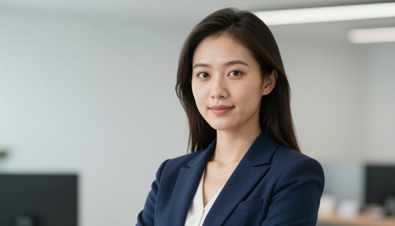 Professional headshot with three-point studio lighting, neutral office background, navy business suit Professional headshot with three-point studio lighting, neutral office background, navy business suit