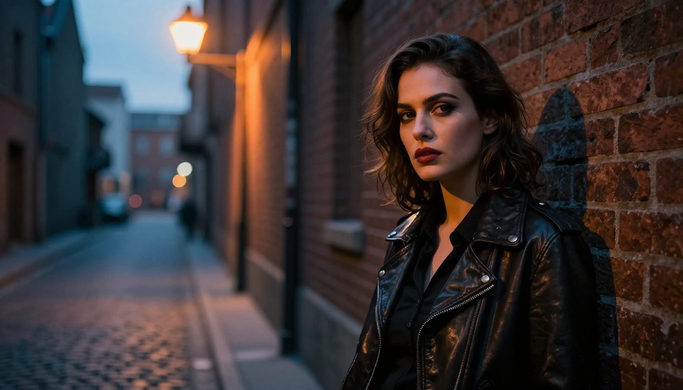 Cinematic moody urban portrait, woman in leather jacket under street lamp, cobblestone alley bokeh Cinematic moody urban portrait, woman in leather jacket under street lamp, cobblestone alley bokeh
