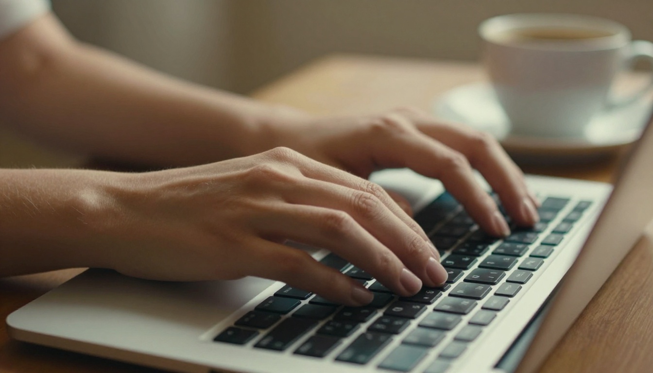 Hands typing on laptop keyboard in warm co-working space with screen glow