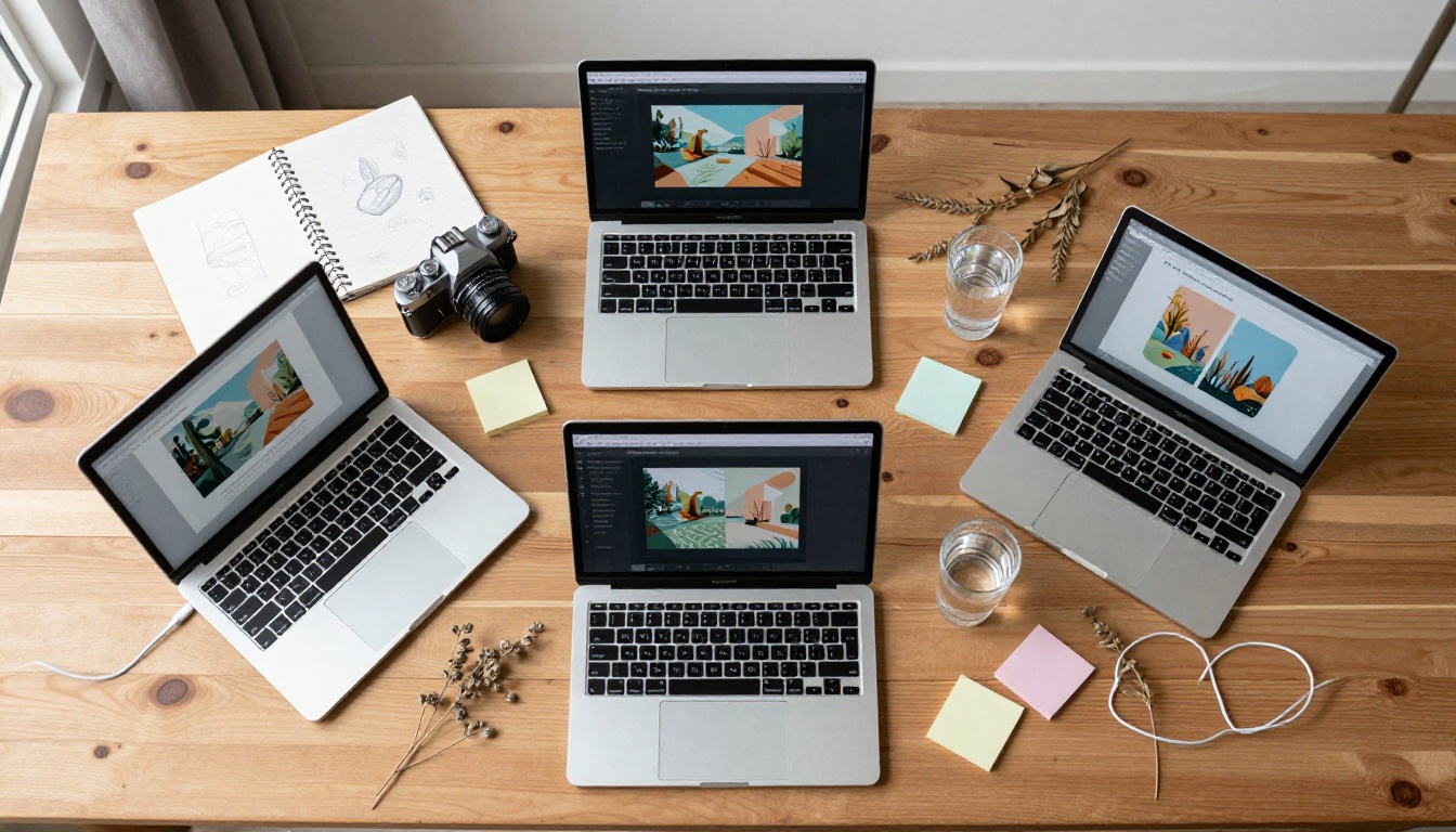 Aerial flat-lay of creative professional workspace with multiple laptops and design materials on oak desk