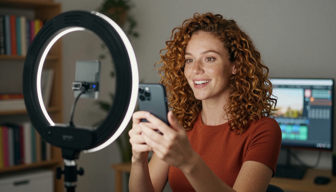 Content creator recording video with smartphone and ring light in home studio