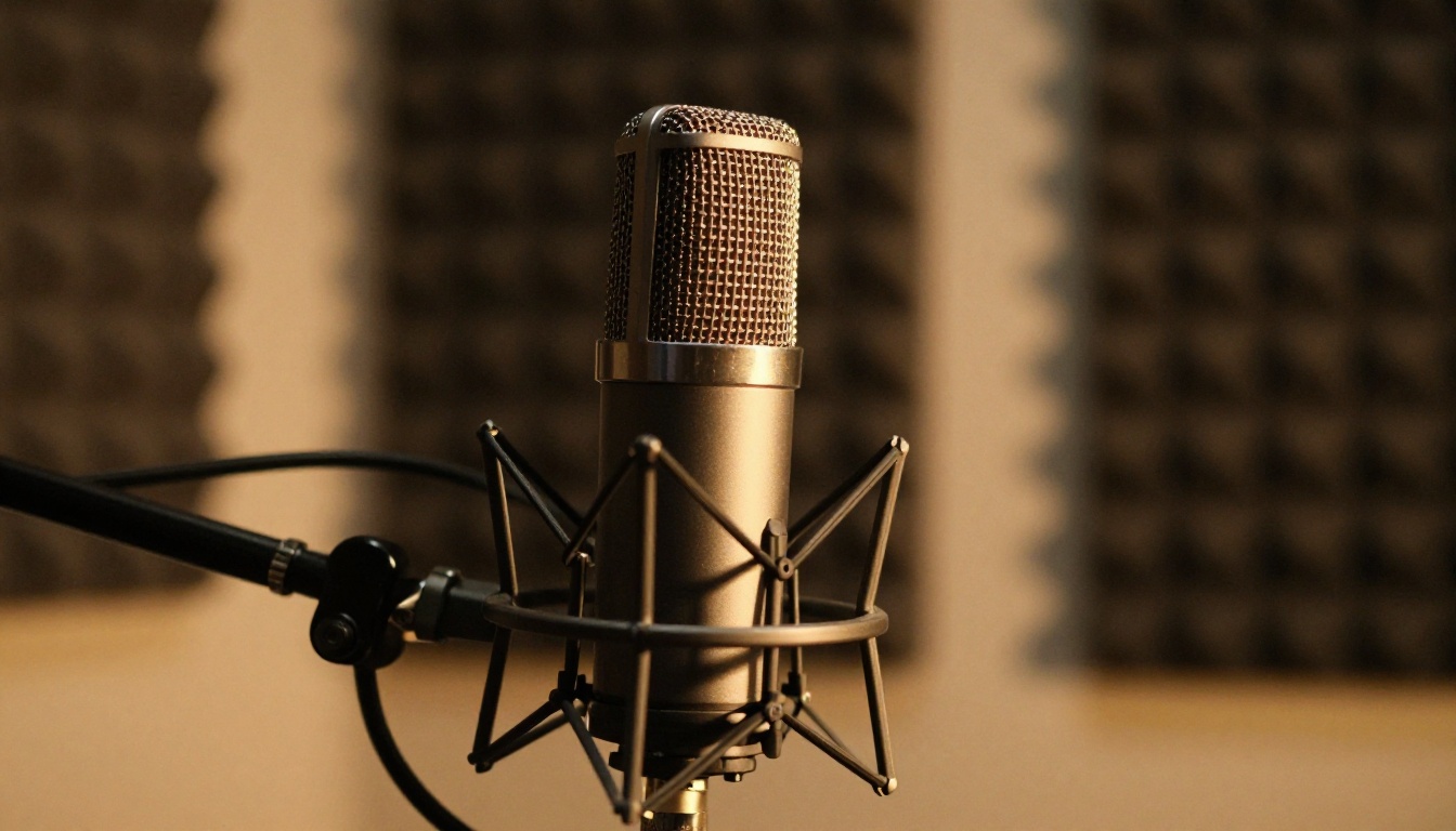 Professional condenser microphone mounted on arm in home recording studio with acoustic foam panels