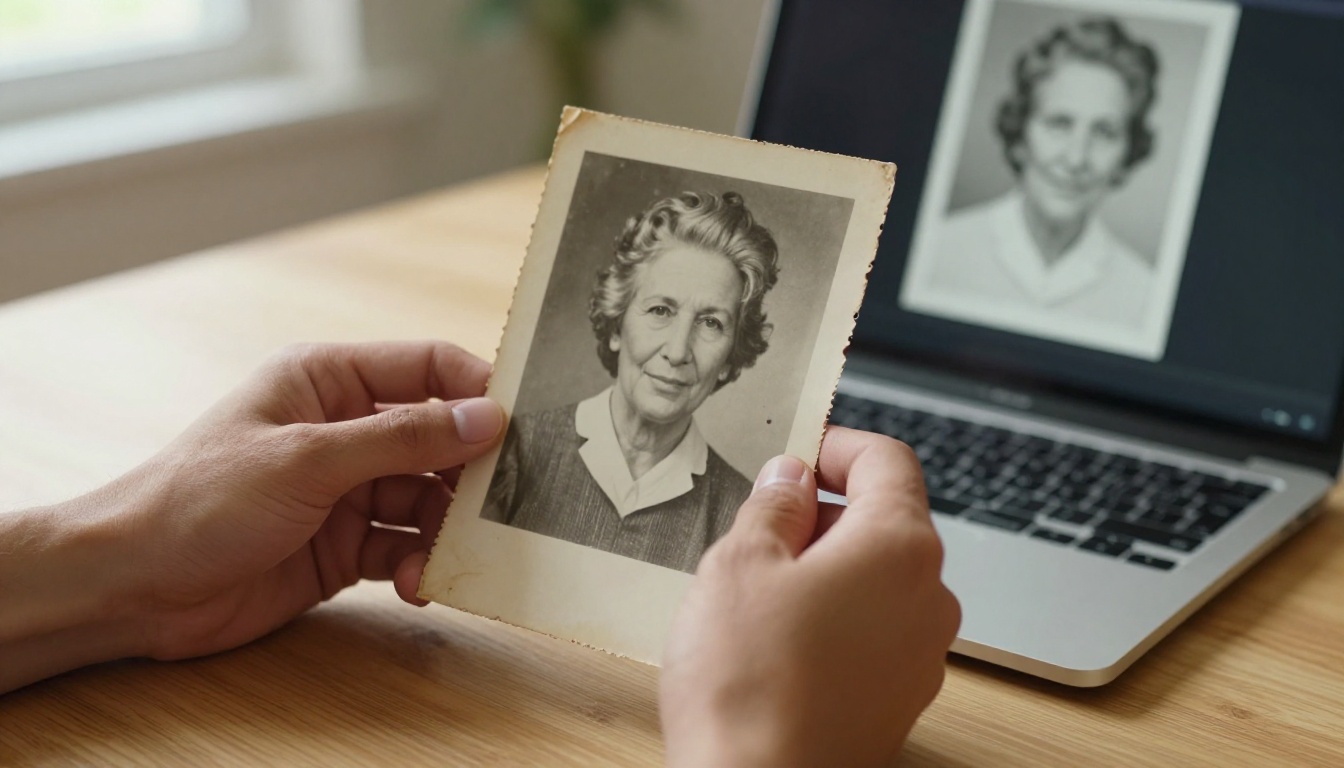 Hands holding vintage family photograph with laptop showing AI-restored version in background